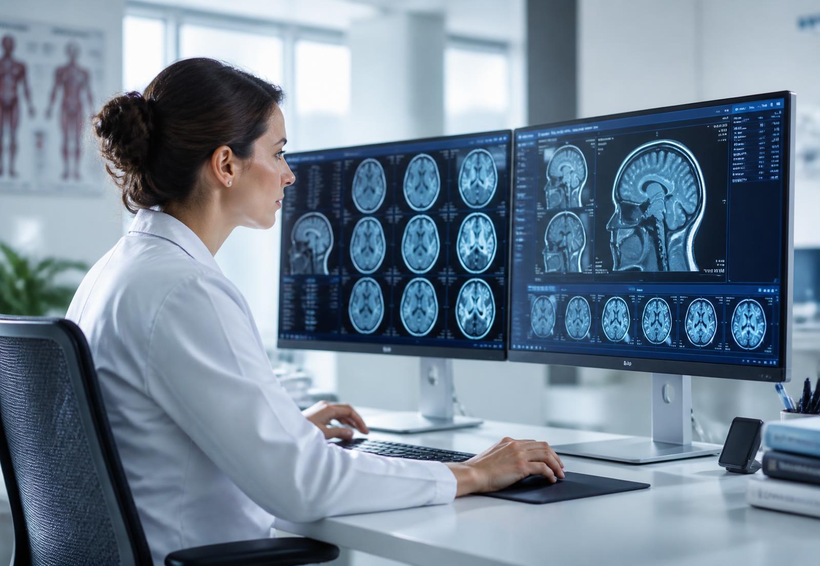 Radiologista analisando exames de ressonância magnética em estação de laudos